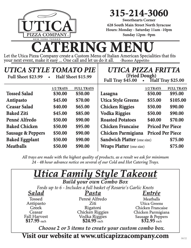 Utica Pizza Catering Menu June 2022